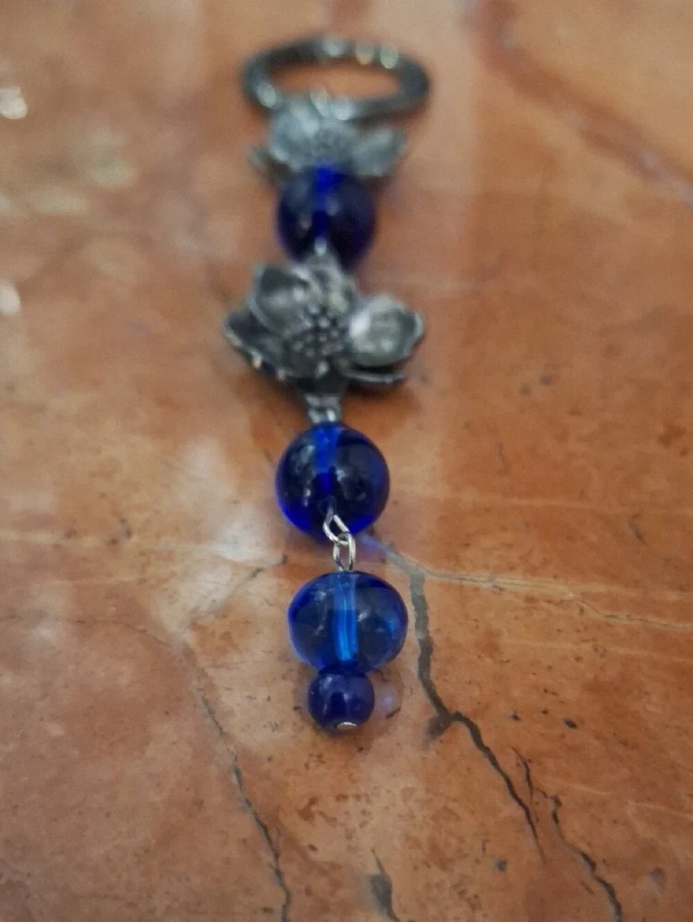 Floral Silver-Tone Keychain Bag Charm with Cobalt Blue Glass Beads